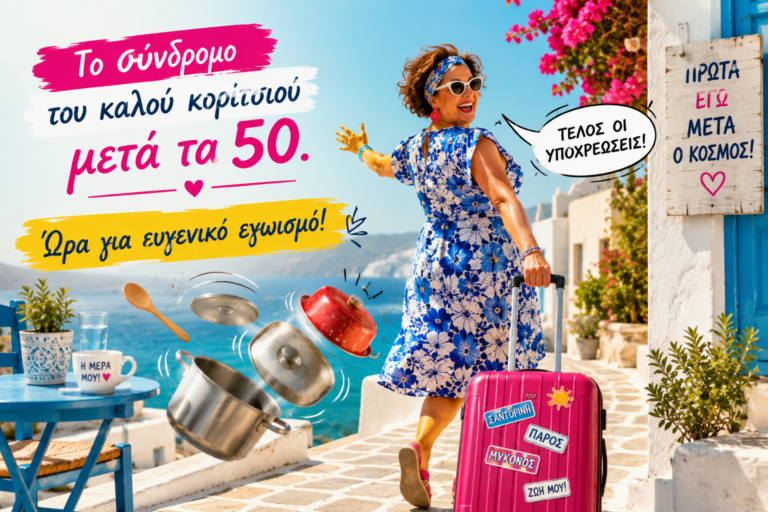 Μια γελαστη χαρουμενη γυναικα που πεταει τις κατσαρολες και παιρνει βαλιτσα για τα νησια του Αιγαίου